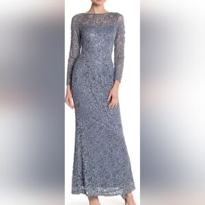 MARINA Blue Sequin Scoop Neck Gown